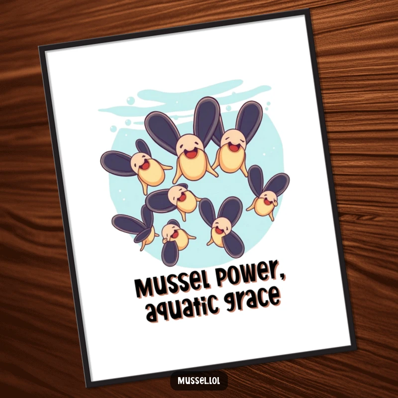 Funny Free Printable Wall Art: Mussels performing a synchronized swimming routine underwater, creating a humorous and charming piece of downloadable ocean decor.