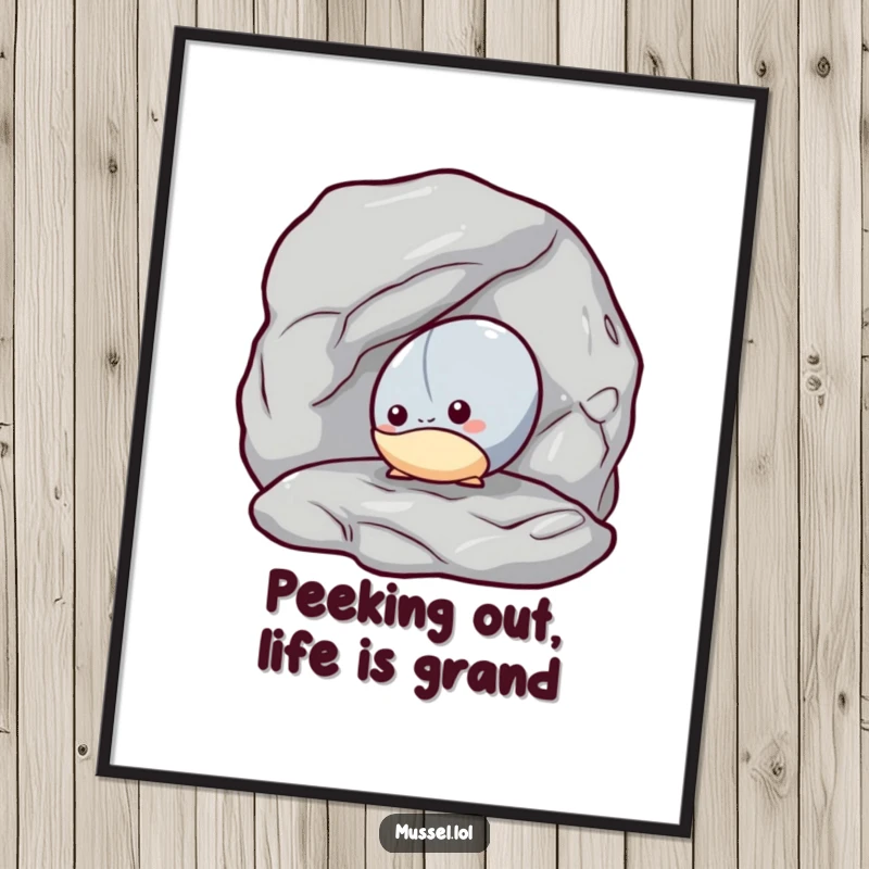 Funny Free Printable Wall Art: A small, shy mussel peeking out from behind a large rock, creating a cute and curious scene.