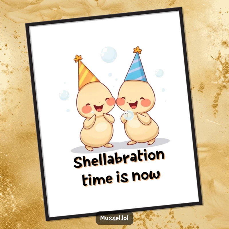 Funny Free Printable Wall Art: Two chubby mussels wearing party hats, holding bubbles and giggling with infectious joy.