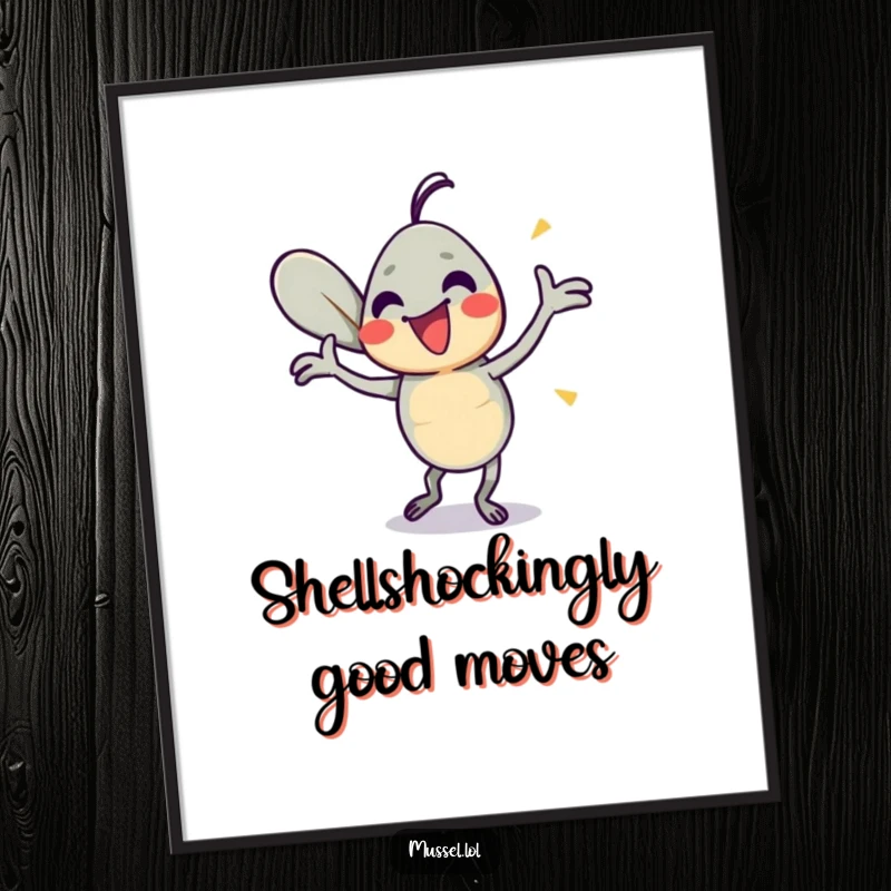 Funny Free Printable Wall Art: A mussel character doing a wild, energetic dance, shells open wide in a joyful, silly pose.