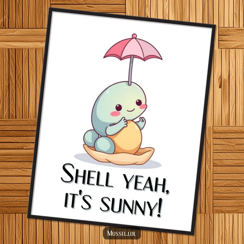 Funny Free Printable Wall Art depicting a charming mussel character balancing a tiny umbrella on its shell, bringing a smile to any room.