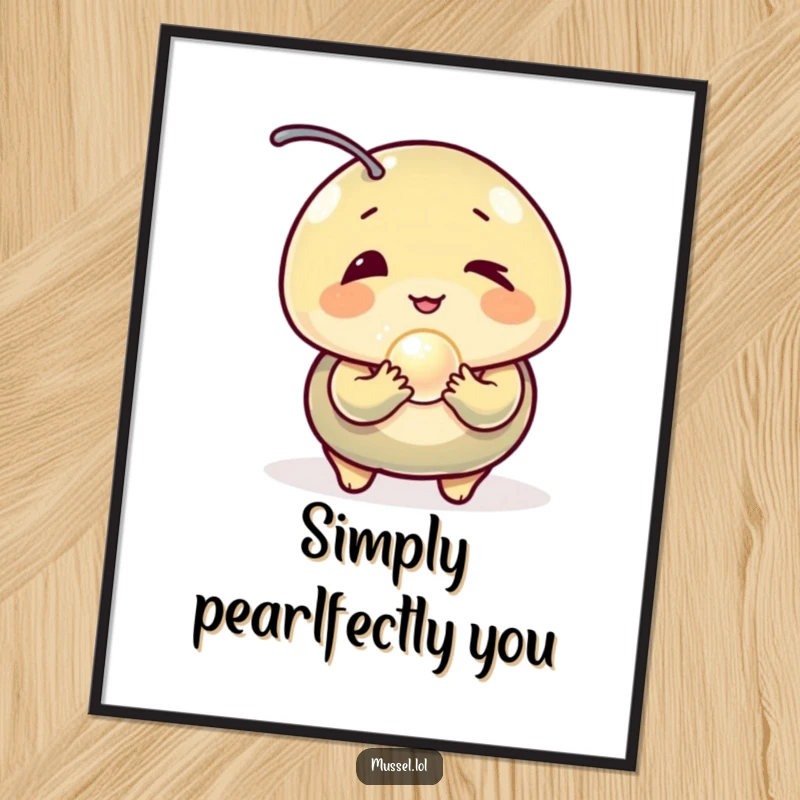 Funny Free Printable Wall Art: A cheeky mussel character winks while holding a small, radiant pearl.