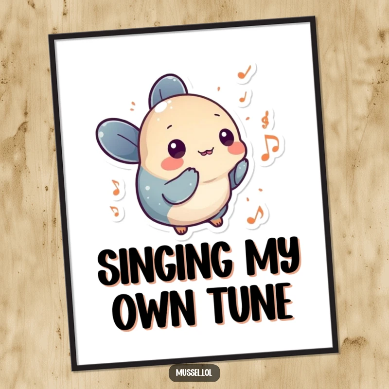 Funny Free Printable Wall Art: A mussel character surrounded by tiny musical notes, creating a whimsical and humorous display.