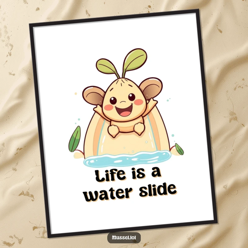 Free Printable Wall Art: A smiling mussel character captured mid-slide down a water slide with pure joy.