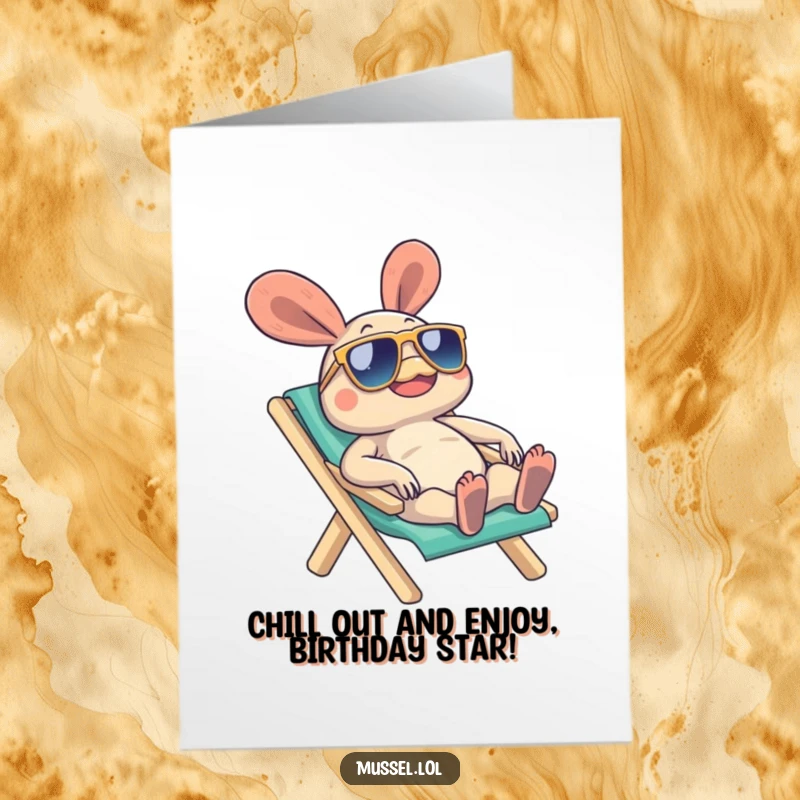 Funny Free Printable Birthday Card featuring a mussel in sunglasses relaxing on a beach chair, embodying birthday chill.