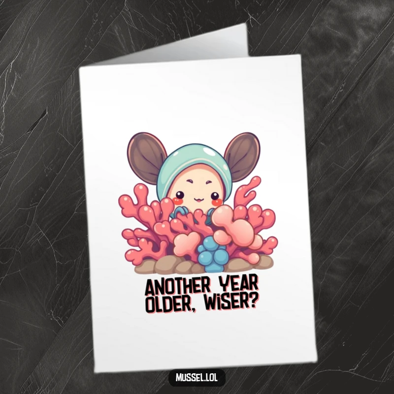 Funny Free Printable Birthday Card: A curious mussel character peeking from behind bright, colorful coral, ready to explore.