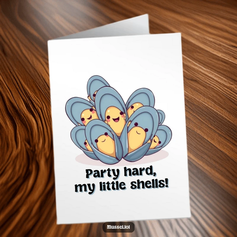 Funny Free Printable Birthday Card: Group of Mussels with Tiny Hands Waving Happily, Celebration Theme