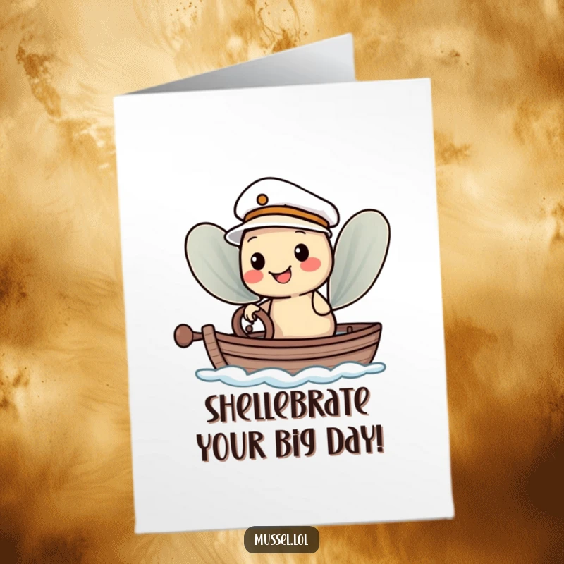 Funny Free Printable Birthday Card featuring a smiling mussel sailor character in a tiny hat, steering a small boat, ready for fun.