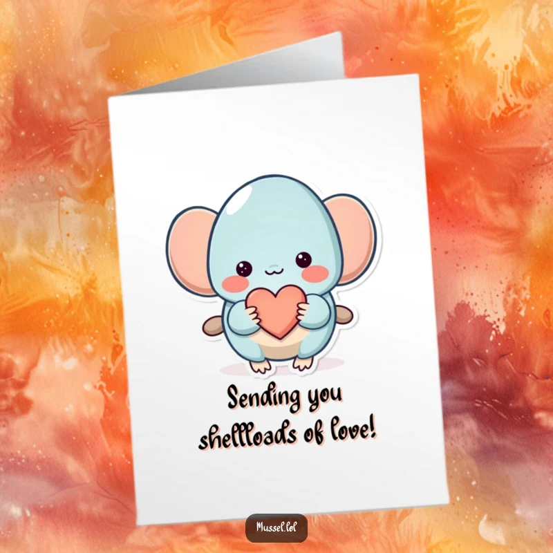 Funny Free Printable Birthday Card: A shy mussel character offers a small heart with a bashful grin.