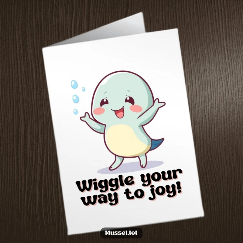 Funny Free Printable Birthday Card: A mussel character joyfully doing a wiggle dance, surrounded by splashing water droplets.