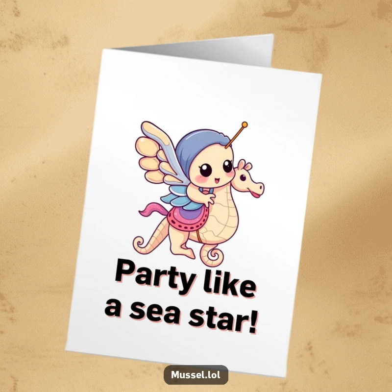 Funny Free Printable Birthday Card: Happy mussel joyfully rides a seahorse like a merry-go-round. Whimsical fun!