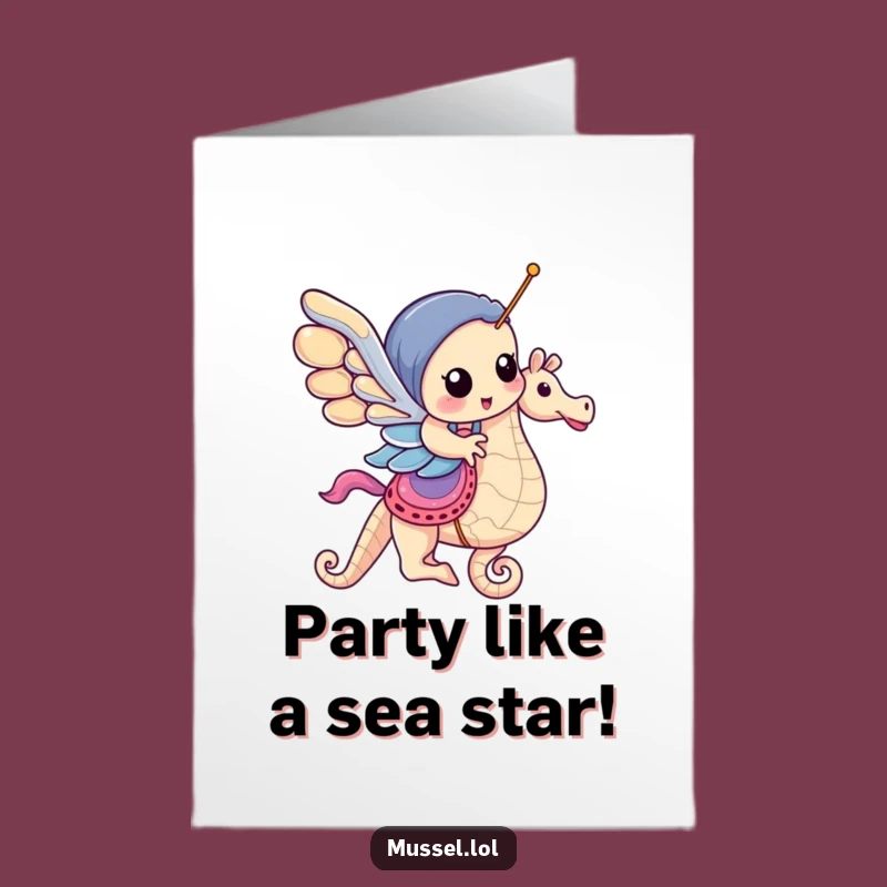 Free Printable Funny Birthday Card: Mussel on Seahorse, Joyful Ride Downloadable Gift