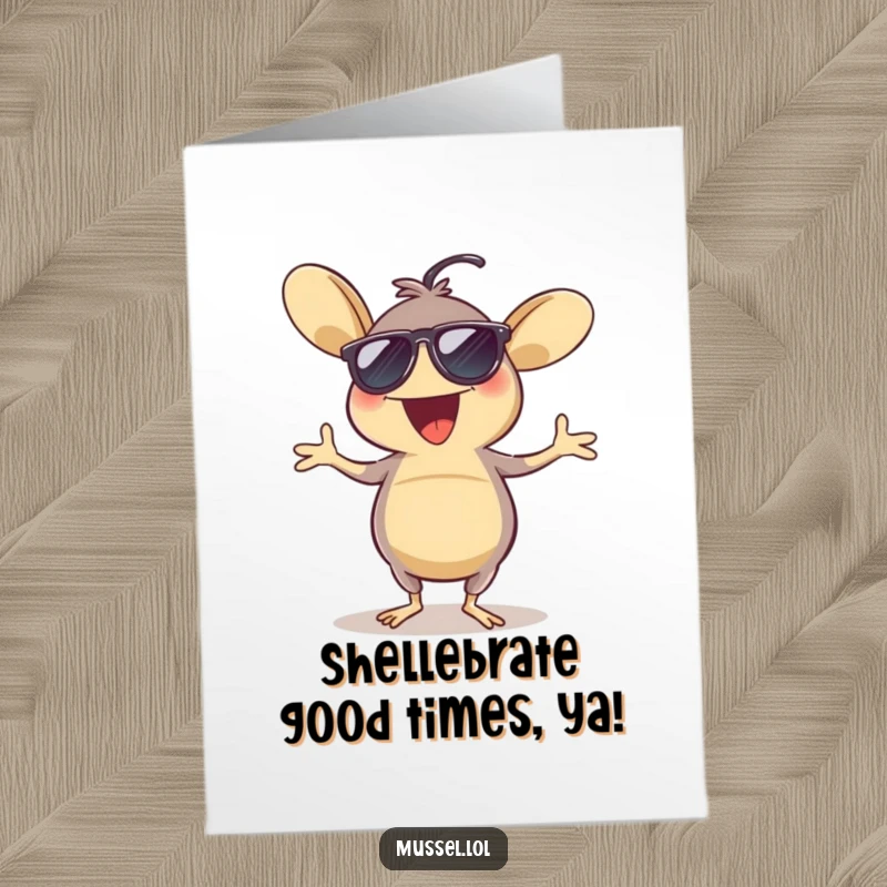 Funny Free Printable Birthday Card: Excited mussel wearing sunglasses busts a move, dancing a joyful jig for a fun celebration.