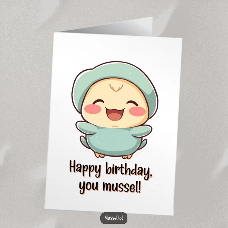 Funny Free Printable mussel character with rosy cheeks laughing heartily, perfect for a humorous birthday card.