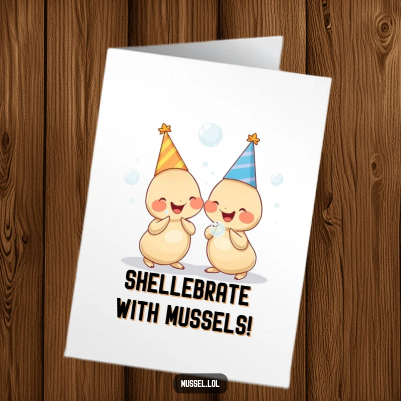 Funny Free Printable Birthday Card: Two chubby mussels in party hats, holding bubbles and giggling, celebrating a birthday.