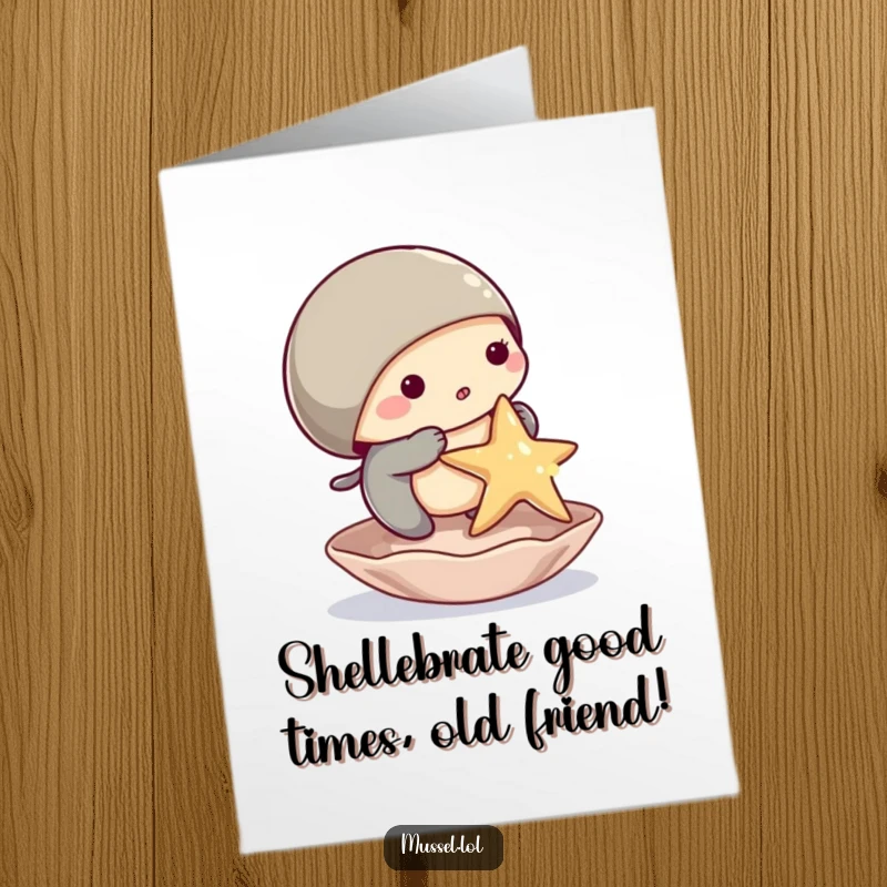 Funny free printable birthday card: A determined mussel character humorously attempts to balance a tiny starfish on its shell.