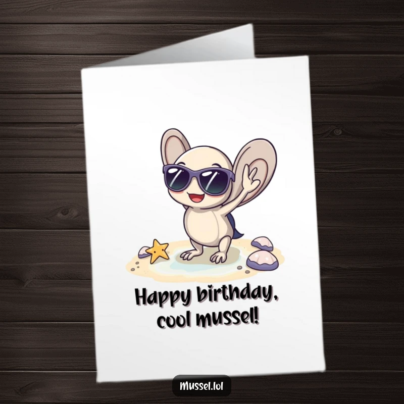 Funny Free Printable birthday card featuring a mussel wearing sunglasses, striking a cool pose on a tiny beach, celebrating good times.