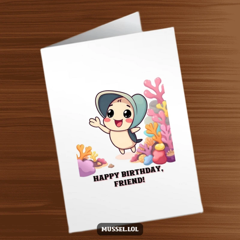 Funny Free Printable Birthday Card: Friendly mussel character cheerfully waving hello from a stunning, colorful coral reef.