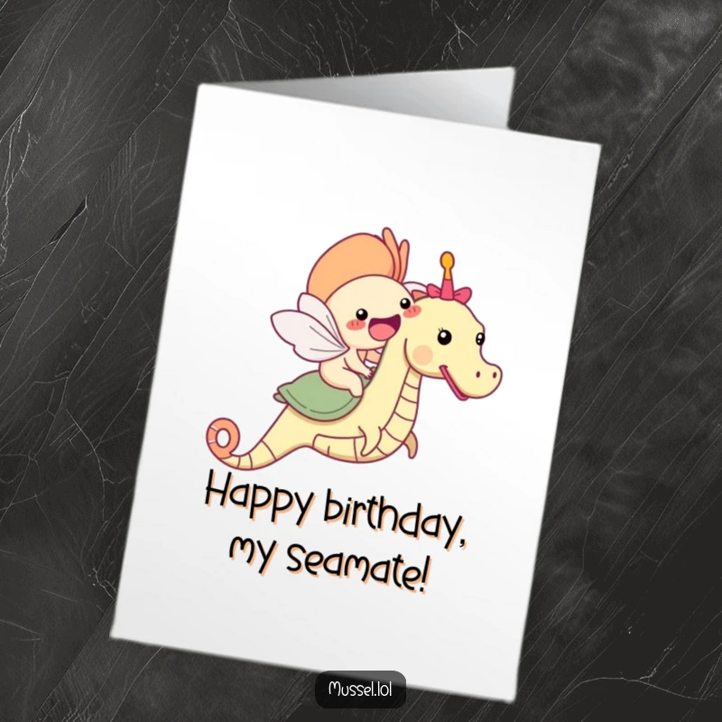 Free Printable Birthday Card: A smiling mussel joyfully rides a friendly seahorse through the ocean waves.