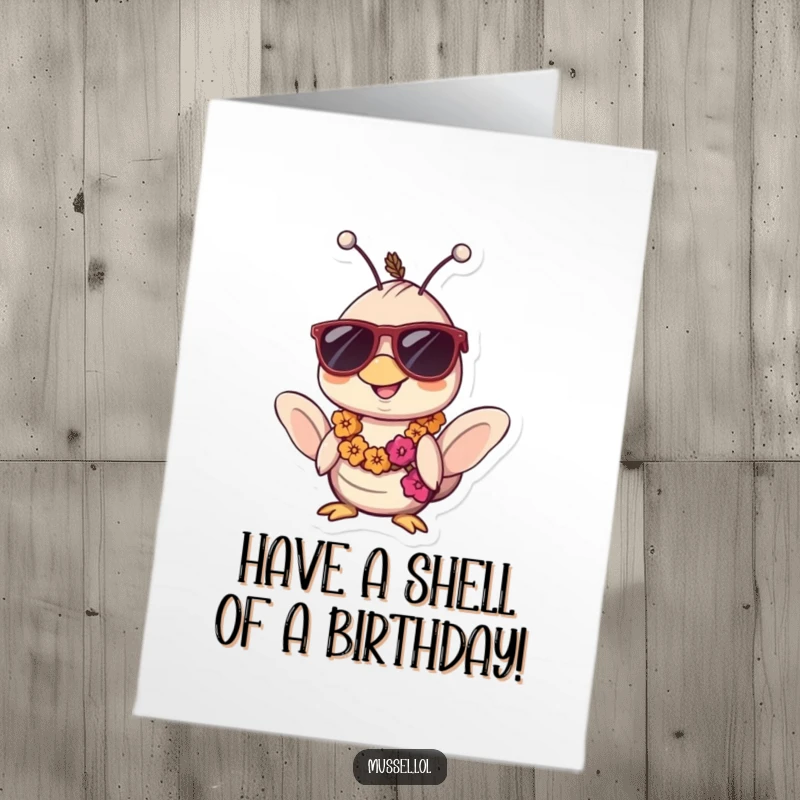 Funny Free Printable Birthday Card: Kawaii mussel wearing sunglasses and a lei, looking super relaxed and ready to party.