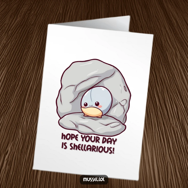 Funny Free Printable Birthday Card: A shy mussel peeking cautiously from behind a large rock, offering a gentle birthday greeting.