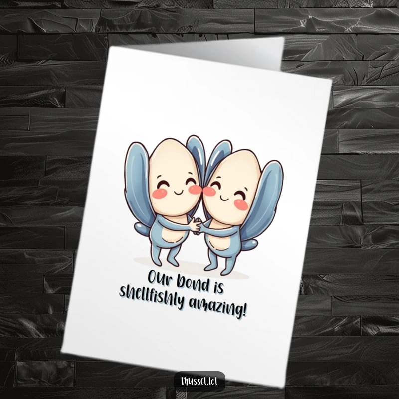 Funny Free Printable Birthday Card: Two smiling mussels holding hands, a perfect humorous and romantic celebration.