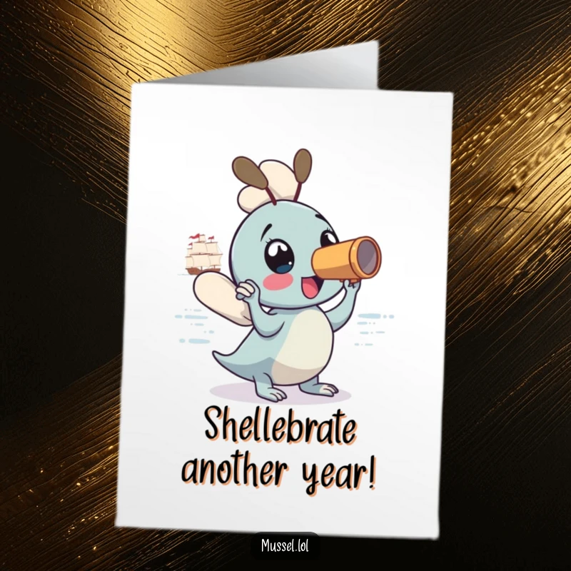 Funny Free Printable Birthday Card: Mussel with spyglass spots birthday fun on the horizon. A downloadable treasure!