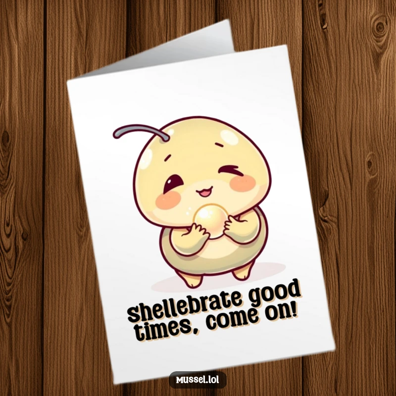 Funny Free Printable Birthday Card: A winking mussel character holding a tiny, glowing pearl, ready for a birthday wish.