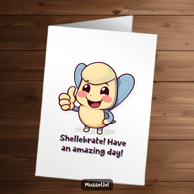 Funny Free Printable Birthday Card: Smiling Mussel Character Giving a Cheerful Thumbs Up, Nautical Theme
