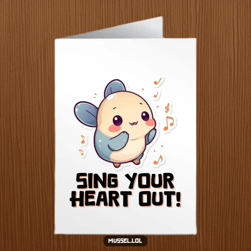 Funny Free Printable Birthday Card: A mussel character surrounded by musical notes, celebrating a birthday with song.