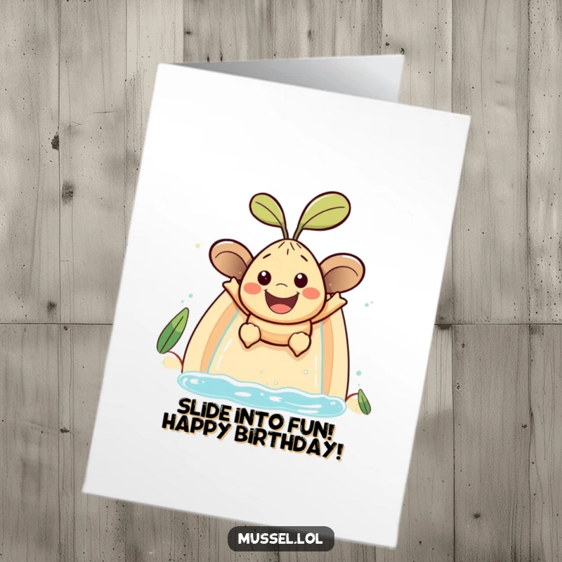 Funny Free Printable Birthday Card: A smiling mussel character gleefully sliding down a water slide.