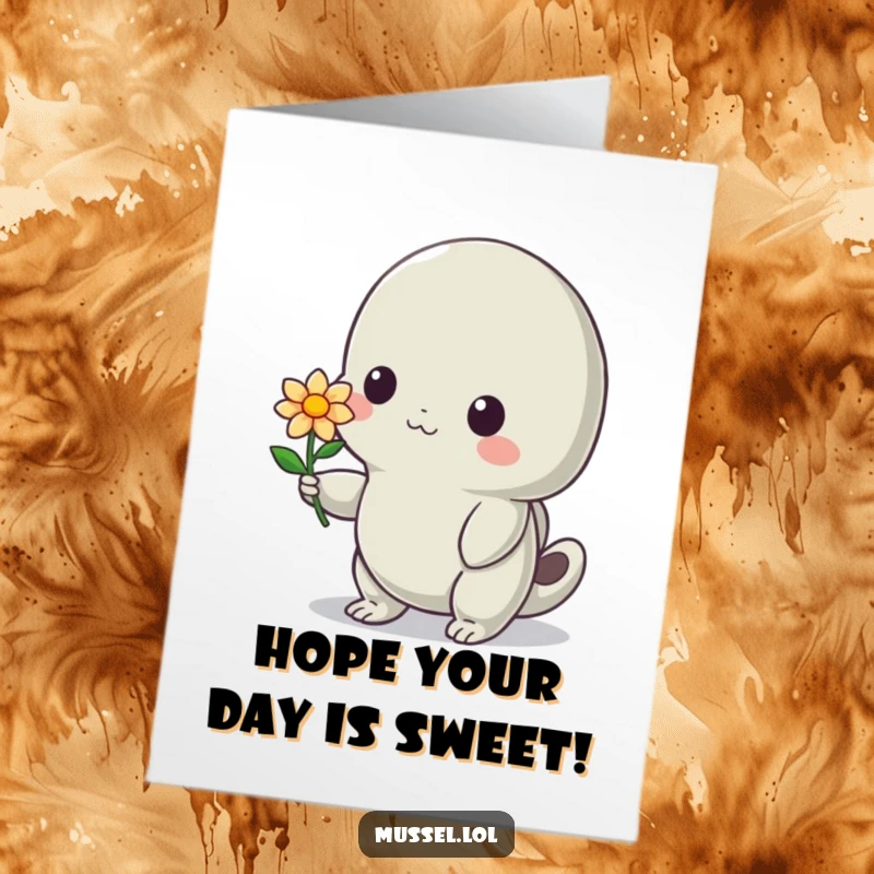 Free Printable Birthday Card: A shy mussel character offering a tiny flower with a gentle smile, sweet and thoughtful.