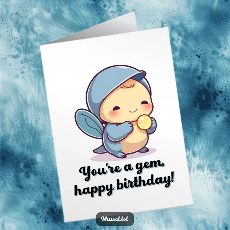 Funny Free Printable Birthday Card featuring a mussel character proudly holding a small, shiny pearl.