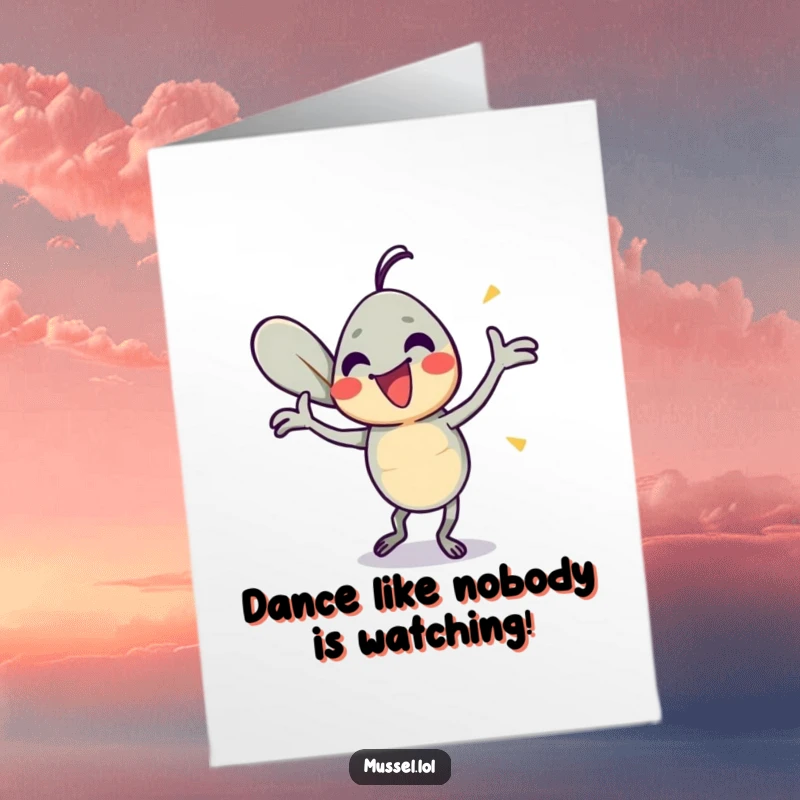 Funny Free Printable Congratulations Card: A mussel character performing an energetic dance, shells wide open in a celebratory, happy move.