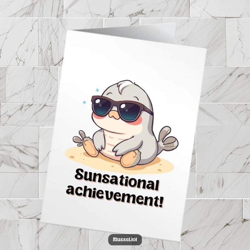Funny Free Printable Congratulations Card: Sunglasses-clad mussel relaxes on the beach, celebrating success. Cool and casual congrats!