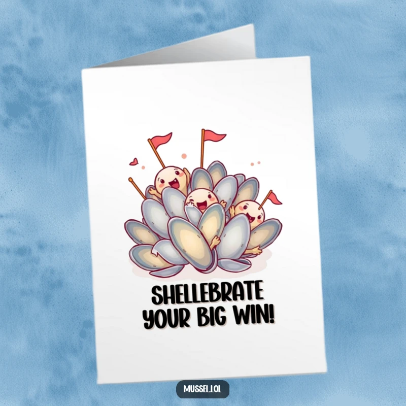 Funny Free Printable Congratulations Card: A lively group of mussels enthusiastically waving tiny flags, celebrating success with pure delight.