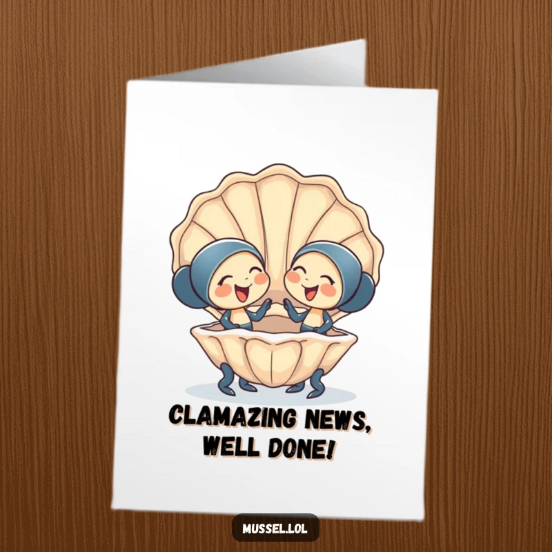 Funny Free Printable Congratulations Card of two mussels giggling and sharing a clam shell, celebrating togetherness and success.
