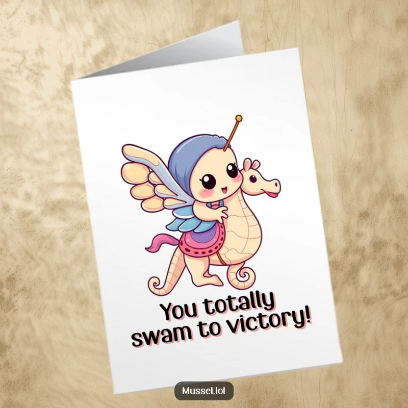 Funny Free Printable Congratulations Card: Amused mussel rides a seahorse, celebrating a successful journey. Magical congrats!