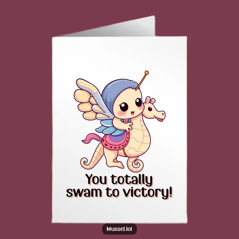 Free Printable Congrats Card: Mussel on Seahorse, Ride to Success Downloadable