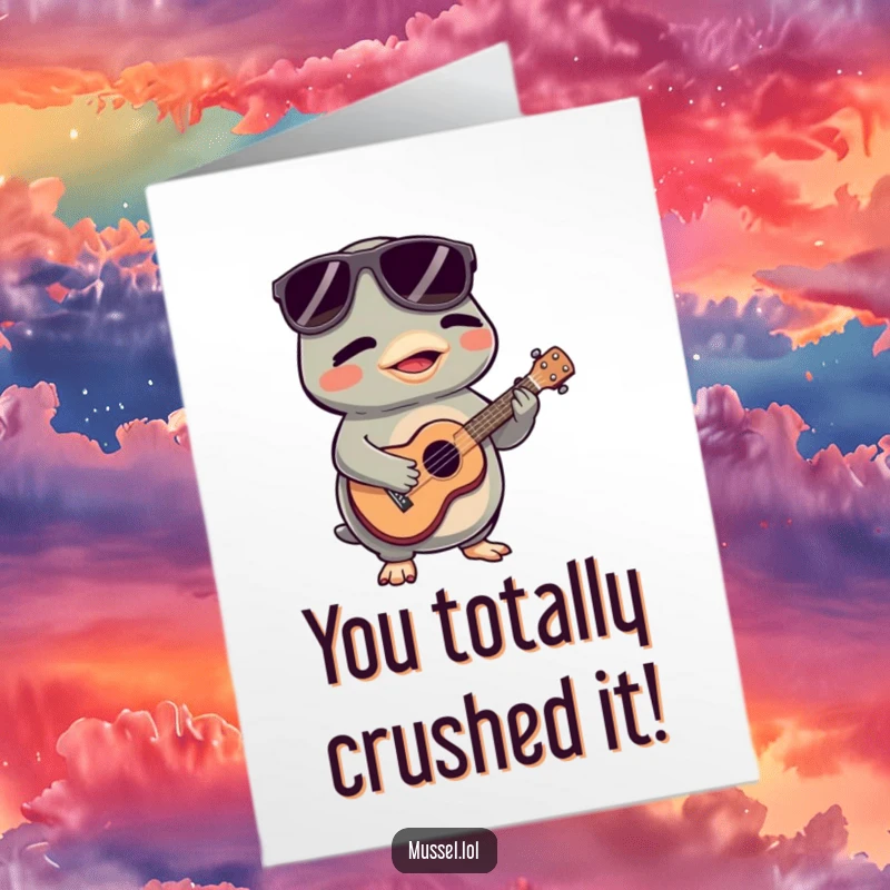 Funny Free Printable Congratulations Card: A cool mussel musician playing a ukulele to celebrate achievements.