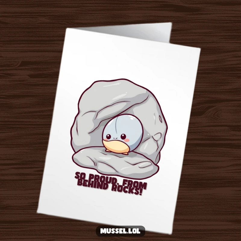 Funny Free Printable Congratulations Card: A timid mussel peeking from behind a big rock, offering quiet congratulations with a bashful smile.