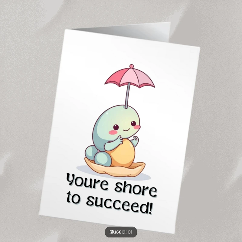 Free Printable Congratulations Card showcasing a mussel character expertly balancing a tiny umbrella on its shell, signaling protection and good wishes.