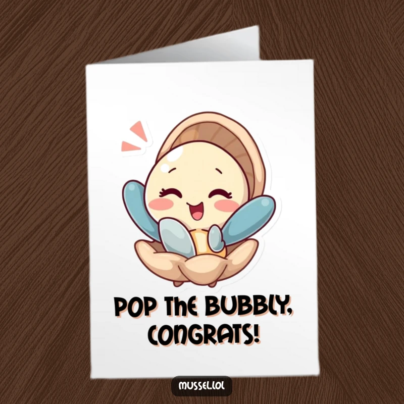 Funny Free Printable Congratulations Card: Winking mussel popping out of its shell with a flourish to celebrate.