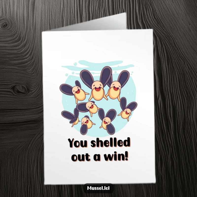 Funny Free Printable Congratulations Card: Mussels performing a synchronized swimming routine underwater, celebrating success with team effort and humor.