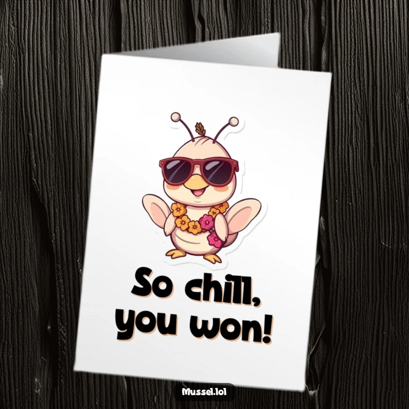 Funny Free Printable Congratulations Card: A relaxed kawaii mussel sporting sunglasses and a lei, celebrating achievements with cool ease.