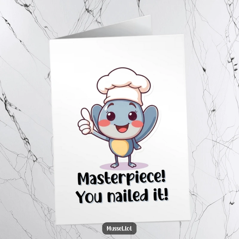 Free Printable Congratulations Card: A smiling mussel chef wearing a small hat, giving an enthusiastic thumbs up.