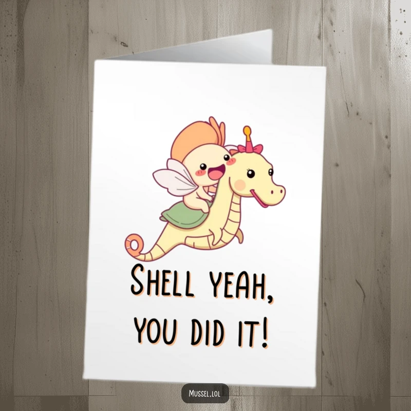 Free Printable Congratulations Card: A happy mussel surfs a seahorse, celebrating success with an ocean ride.