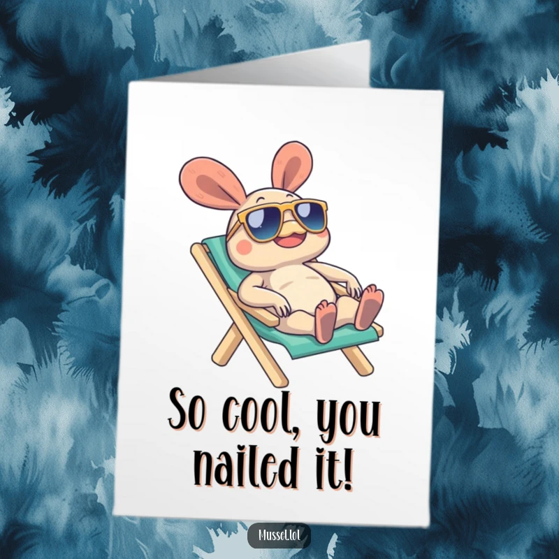Funny Free Printable Congratulations Card showing a mussel in sunglasses relaxing on a beach chair, celebrating a hard-earned break.