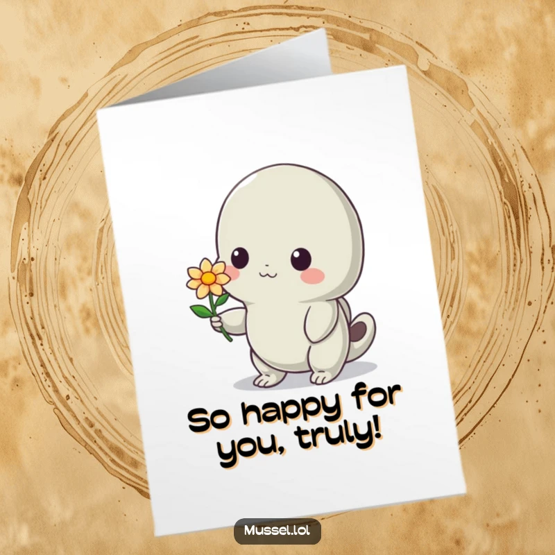 Free Printable Congratulations Card: A bashful mussel character extending a small flower with a shy smile, a tender congratulation.