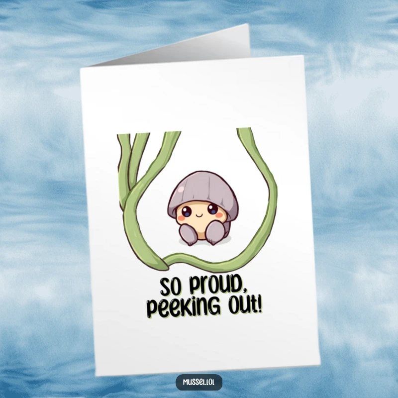 Funny Free Printable Congratulations Card: A shy mussel character peeking from its seaweed hiding spot, offering reserved good wishes.